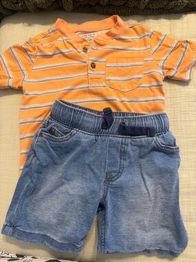 Carter's Orange & White Striped Polo Tee with Blue Denim-Look Shorts